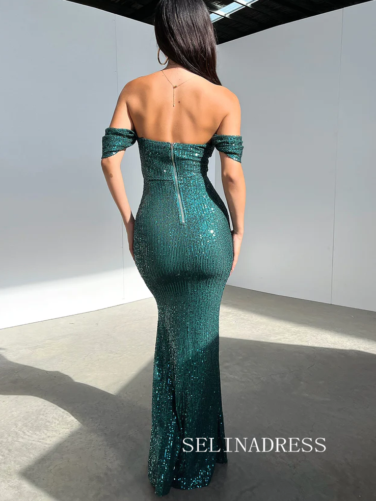 Chic Mermaid Off-the-shoulder Evening Gowns Glitter Dark Green Evening Dress SEW0166|Selinadress