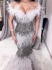 Chic Mermaid Off-the-shoulder Silver Beaded Long Prom Dresses Elegant Evening Dress sew03373|Selinadress