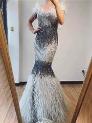 Chic Mermaid Off-the-shoulder Silver Beaded Long Prom Dresses Elegant Evening Dress sew03373|Selinadress