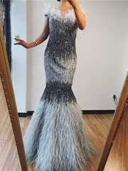 Chic Mermaid Off-the-shoulder Silver Beaded Long Prom Dresses Elegant Evening Dress sew03373|Selinadress