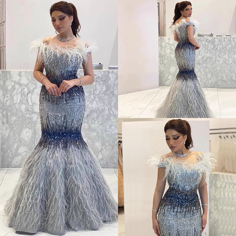 Chic Mermaid Off-the-shoulder Silver Beaded Long Prom Dresses Elegant Evening Dress sew03373|Selinadress