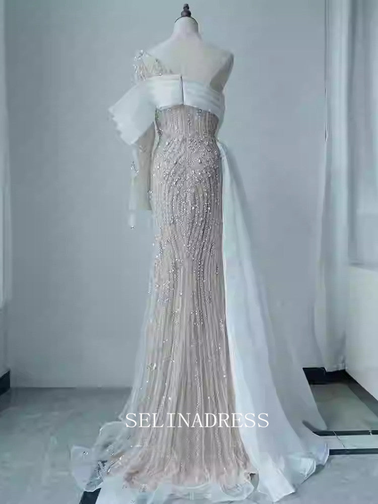 Chic Mermaid One Shoulder Long Sleeve Prom Dresses Elegant Beaded Evening Dress TKL3082|Selinadress