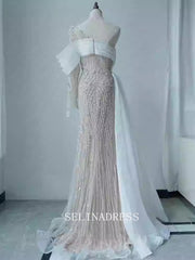 Chic Mermaid One Shoulder Long Sleeve Prom Dresses Elegant Beaded Evening Dress TKL3082|Selinadress