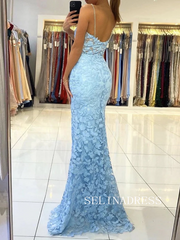 Chic Mermaid Spaghetti Straps Lace Long Prom Dresses Sky Blue Evening Dress TKH024|Selinadress