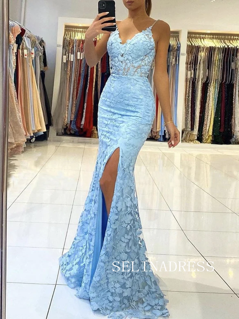 Chic Mermaid Spaghetti Straps Lace Long Prom Dresses Sky Blue Evening Dress TKH024|Selinadress