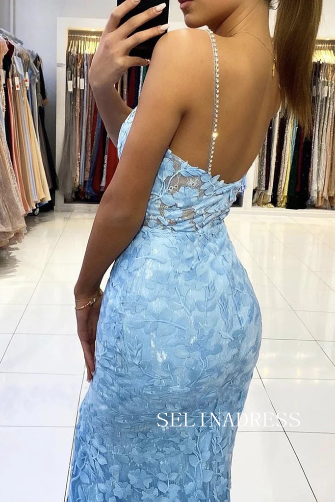 Chic Mermaid Spaghetti Straps Lace Long Prom Dresses Sky Blue Evening Dress TKH024|Selinadress