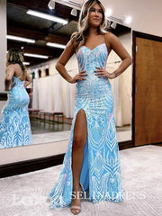 Chic Mermaid Spaghetti Straps Light Sky Blue Long Prom Dress Evening Dress JKL3012|Selinadress