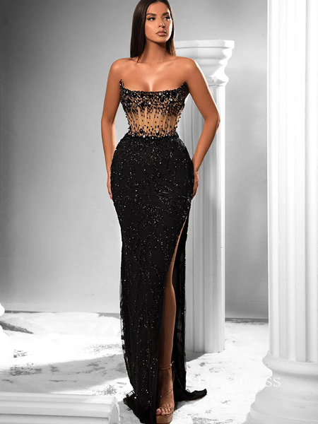 Chic Mermaid Strapless Black Long Prom Dresses Beaded Evening Dress se –  SELINADRESS
