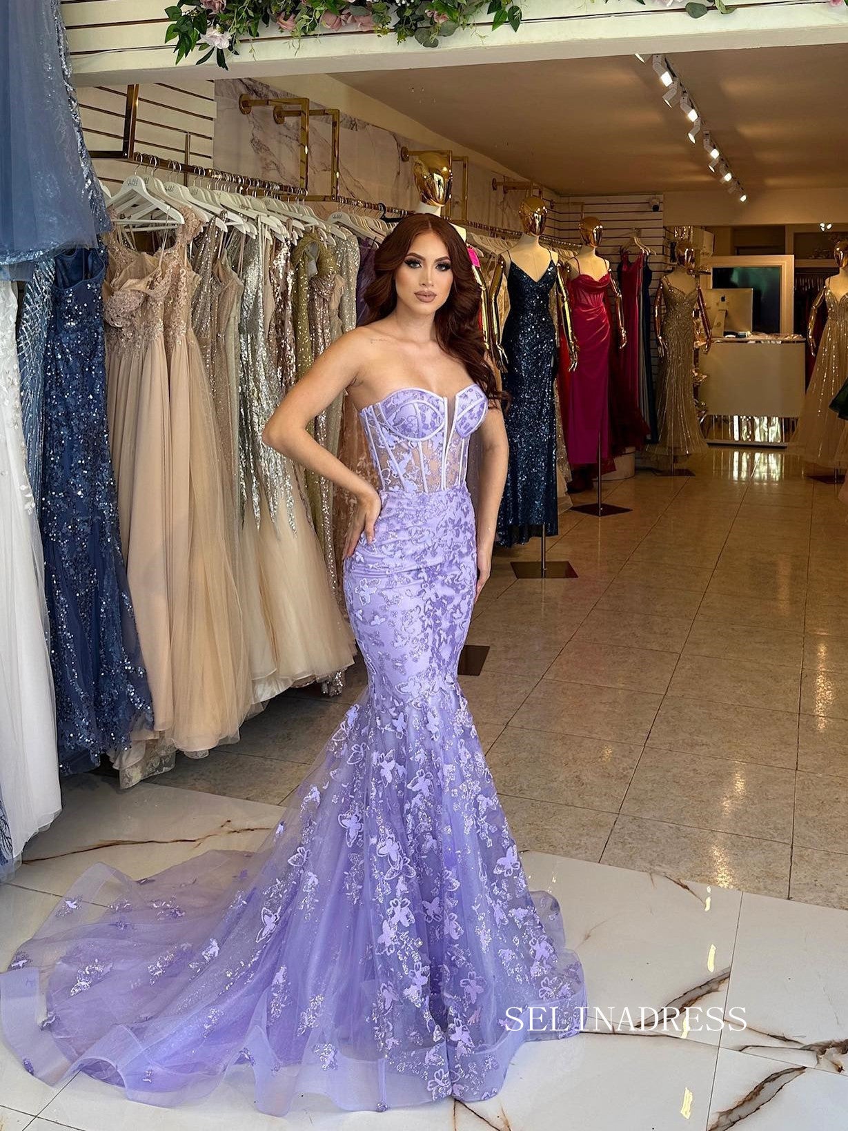 Chic Mermaid Strapless Lavender Long Prom Dresses Elegant Evening Dress sew03345|Selinadress