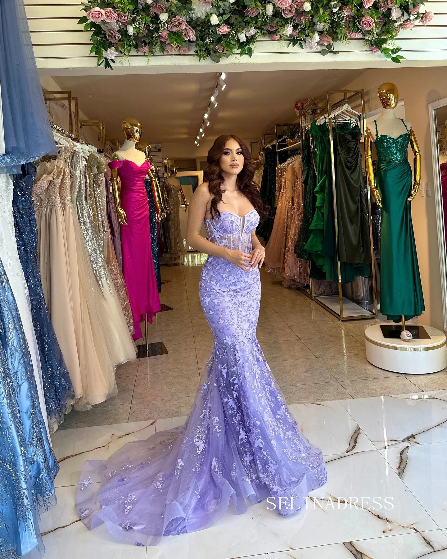 Chic Mermaid Strapless Lavender Long Prom Dresses Elegant Evening Dress sew03345|Selinadress