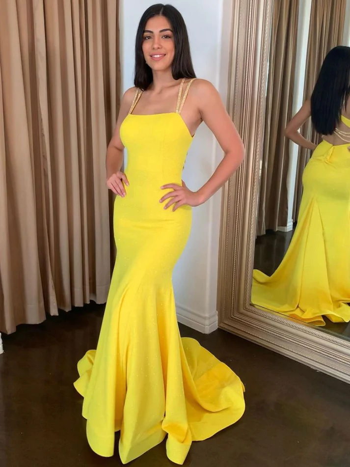 Chic Mermaid Straps Long Prom Dresses Elegant Yellow Evening Formal Gowns SEW0178|Selinadress