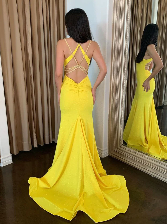 Chic Mermaid Straps Long Prom Dresses Elegant Yellow Evening Formal Gowns SEW0178|Selinadress