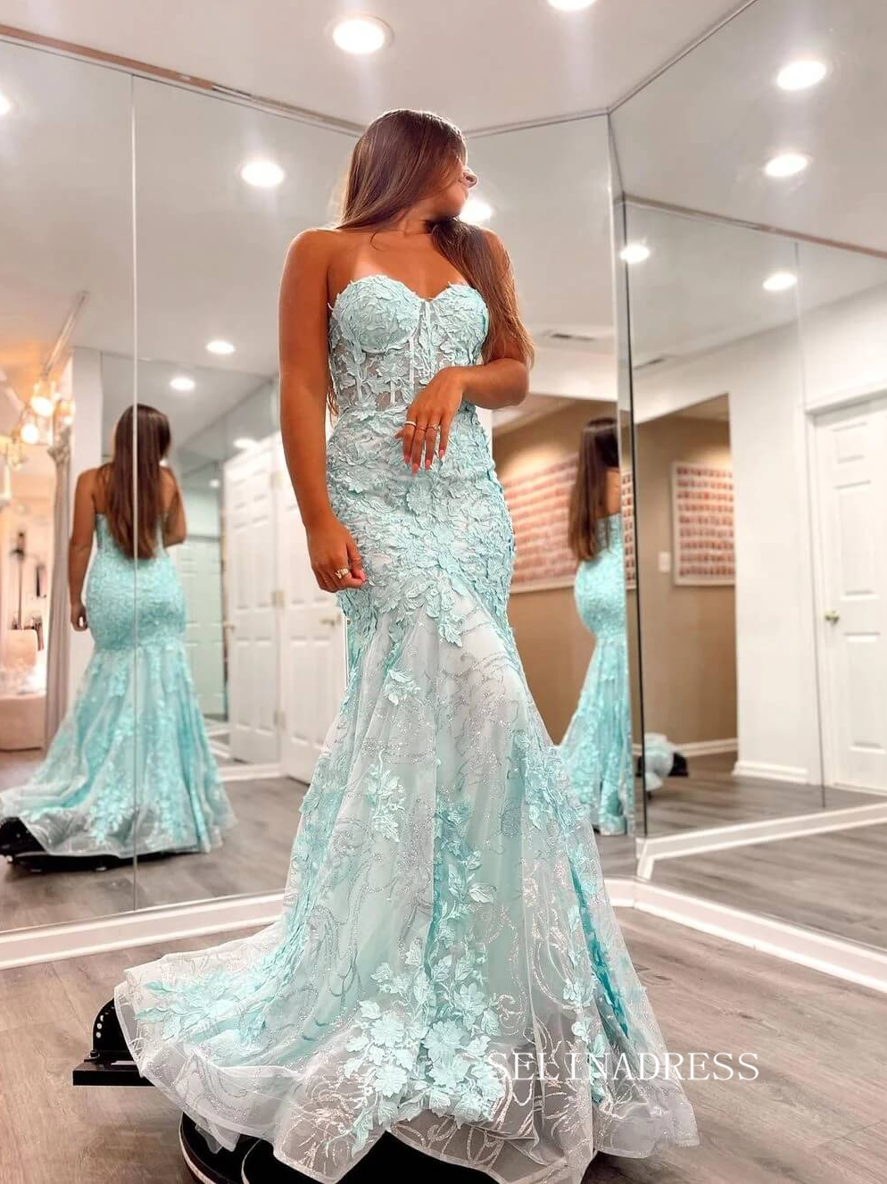 Chic Mermaid Sweetheart Long Prom Dresses Appliques Evening Party Dress sew0211|Selinadress