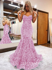 Chic Mermaid Sweetheart Pink Long Prom Dress Sequins Evening Dress JKL3014|Selinadress