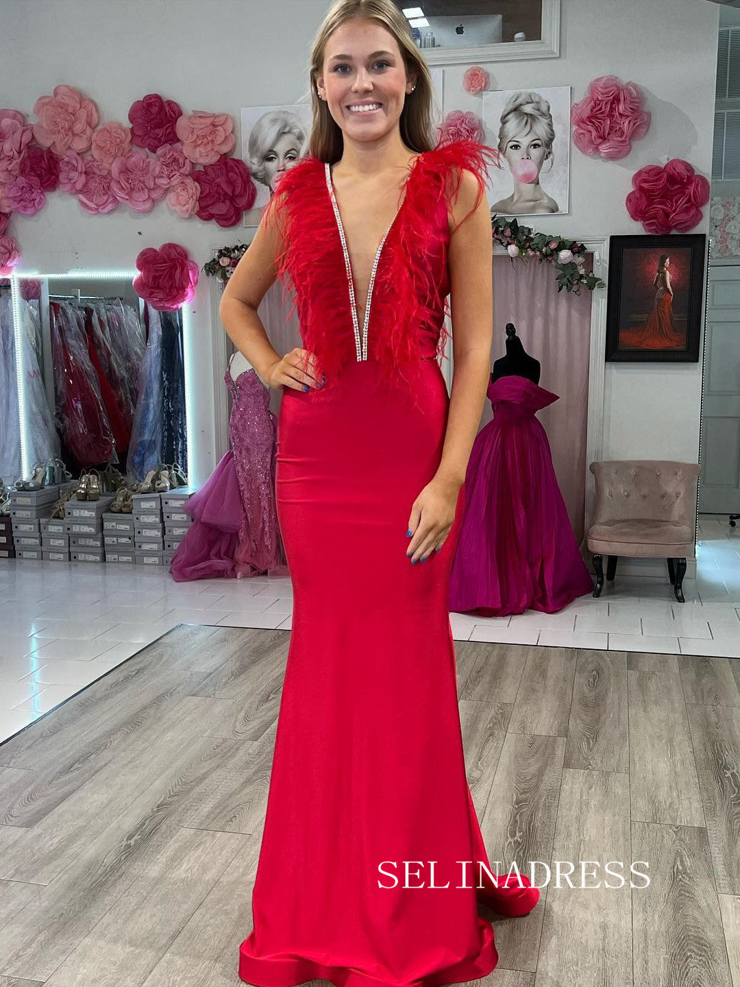 Chic Mermaid V neck Beaded Long Prom Dresses Feather Evening Dress #TKL208|Selinadress