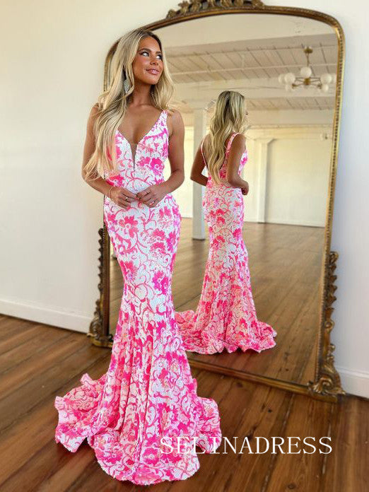 Chic Mermaid V neck Pink Long Prom Dress Evening Dress JKL3011|Selinadress