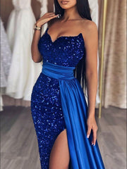 Chic Mermaid V neck Royal Blue Long Prom Dresses Glitter Sequins Evening Dress sew0206|Selinadress