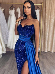 Chic Mermaid V neck Royal Blue Long Prom Dresses Glitter Sequins Evening Dress sew0206|Selinadress