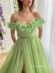 Chic Off-the-shoulder A line Long Prom Dress Green Tulle Party Dress JKL3123|Selinadress