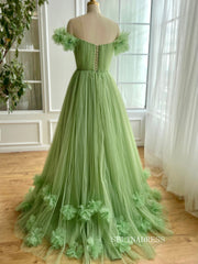 Chic Off-the-shoulder A line Long Prom Dress Green Tulle Party Dress JKL3123|Selinadress