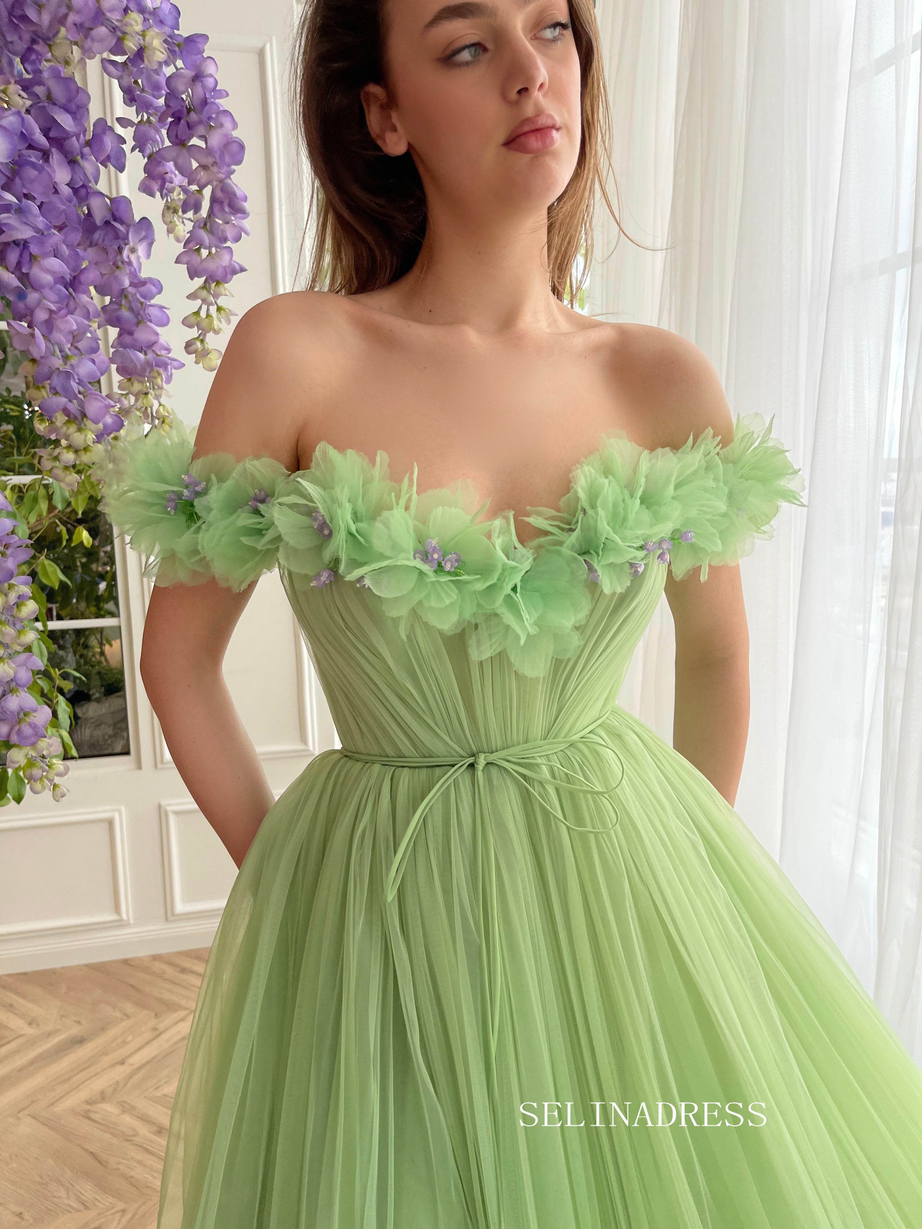 Chic Off-the-shoulder A line Long Prom Dress Green Tulle Party Dress JKL3123|Selinadress