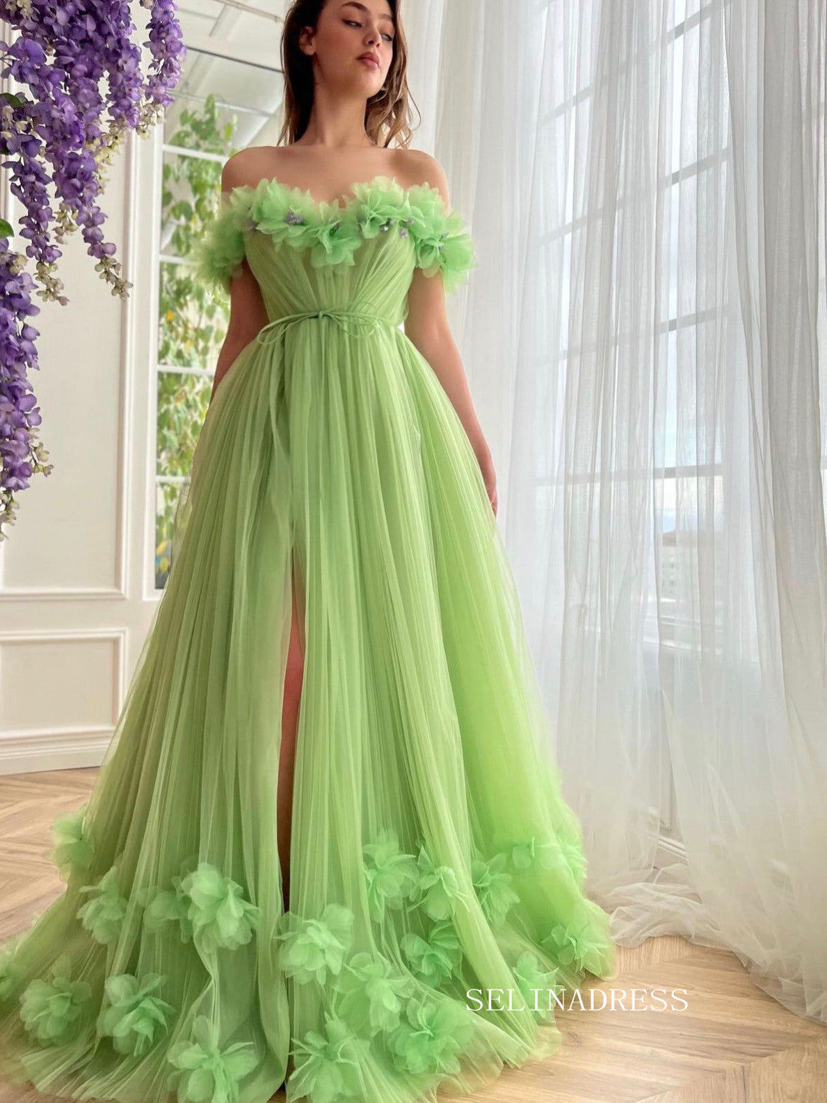 Chic Off-the-shoulder A line Long Prom Dress Green Tulle Party Dress JKL3123|Selinadress