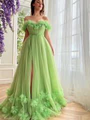 Chic Off-the-shoulder A line Long Prom Dress Green Tulle Party Dress JKL3123|Selinadress