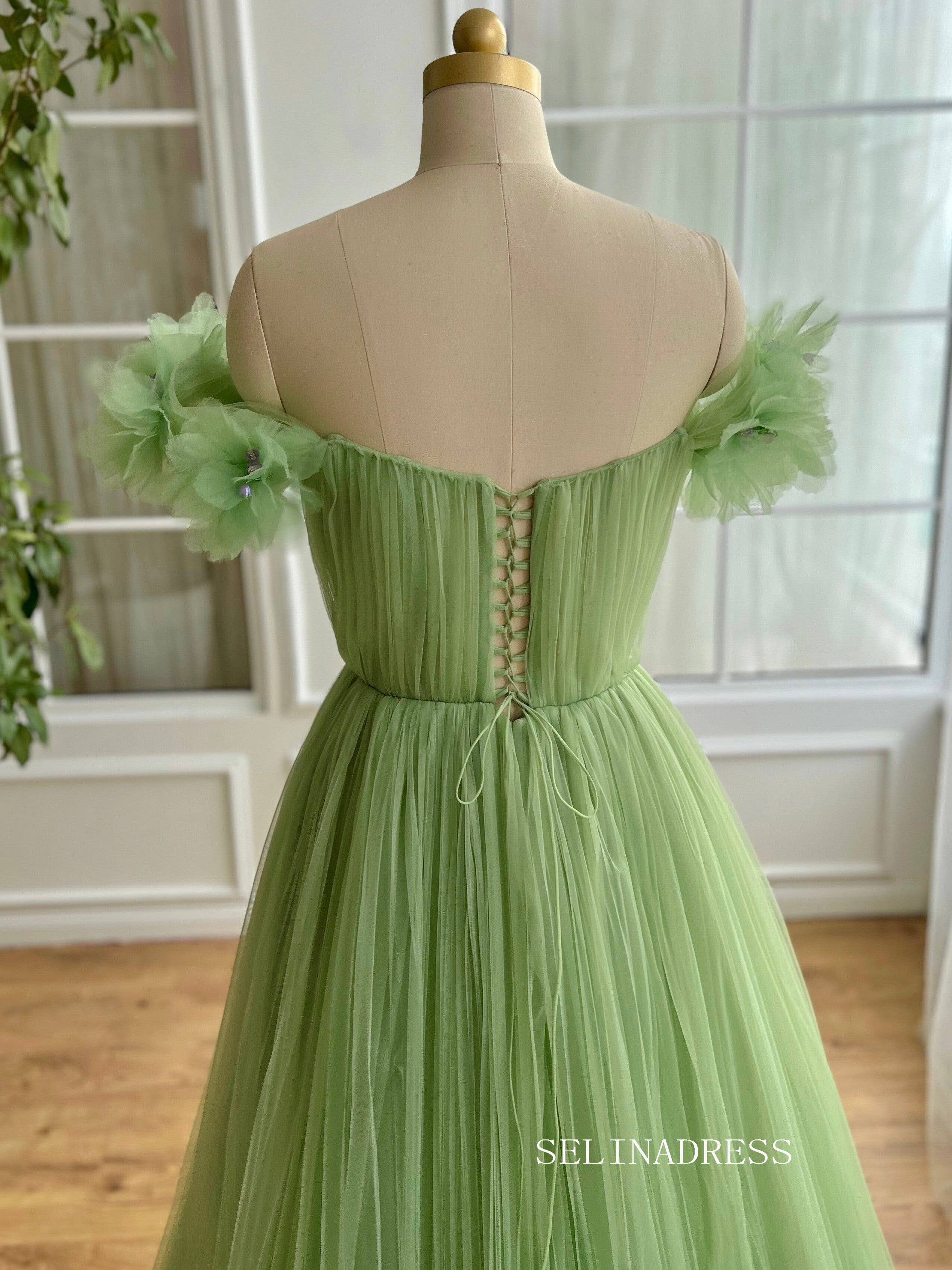 Chic Off-the-shoulder A line Long Prom Dress Green Tulle Party Dress JKL3123