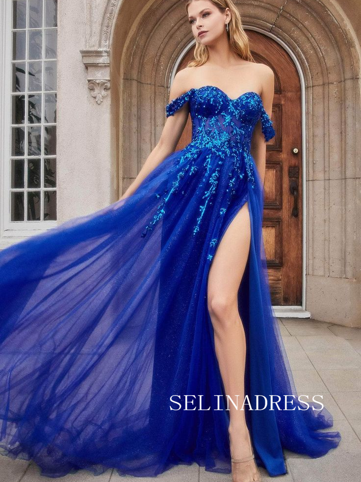 Chic Off-the-shoulder Beaded Long Prom Dresses Modest Royal Blue Formal Dresses TKH021|Selinadress