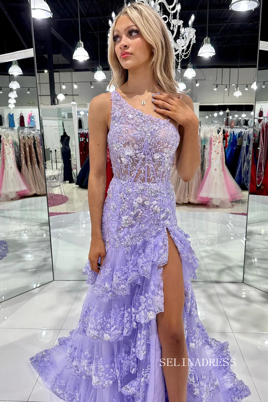 Chic One Shoulder Lace Sequins Long Prom Dresses Elegant Evening Dress sew0333