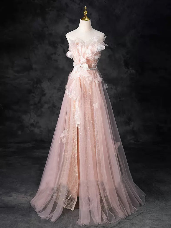 Chic Pink Off-the-shoulder Tulle Long Prom Dress Elegant Evening Gowns TKL2500|Selinadress