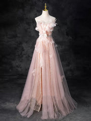 Chic Pink Off-the-shoulder Tulle Long Prom Dress Elegant Evening Gowns TKL2500|Selinadress