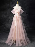 Chic Pink Off-the-shoulder Tulle Long Prom Dress Elegant Evening Gowns TKL2500|Selinadress