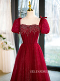 Chic Red A-line Princess Dresses With Puff Sleeve Beaded Elegant Evening Gowns TKL2505|Selinadress