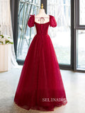 Chic Red A-line Princess Dresses With Puff Sleeve Beaded Elegant Evening Gowns TKL2505