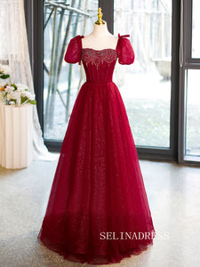 Chic Red A-line Princess Dresses With Puff Sleeve Beaded Elegant Evening Gowns TKL2505|Selinadress