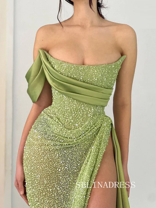 Chic Sheath/Column Strapless Sage Evening Gowns Elegant Glitter Evening Dress SEW0168|Selinadress