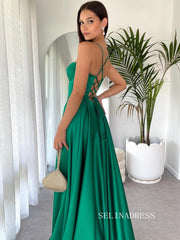 Chic Spaghetti Straps Hunter Green Long Prom Dresses Cheap Evening Party Dress SEW0194|Selinadress