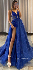 Chic Spaghetti Straps Lace Long Prom Dresses Elegant Royal Blue Formal Dresses TKH020|Selinadress