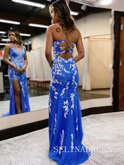 Chic Spaghetti Straps Mermaid Blue Lace Applique Prom Dresses Evening Dress JKL3007|Selinadress