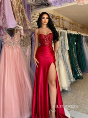 Chic Spaghetti Straps Red Long Prom Dresses Elegant Beaded Evening Dress sew03345|Selinadress