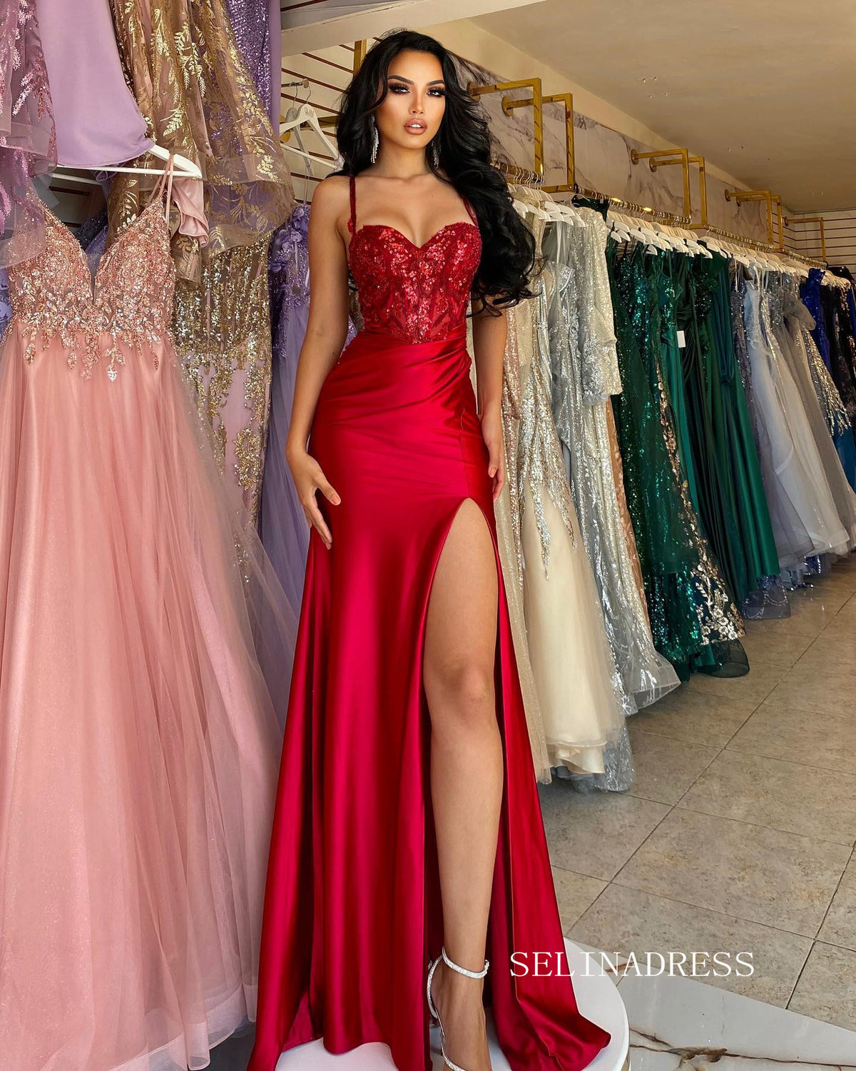 Chic Spaghetti Straps Red Long Prom Dresses Elegant Beaded Evening Dre SELINADRESS