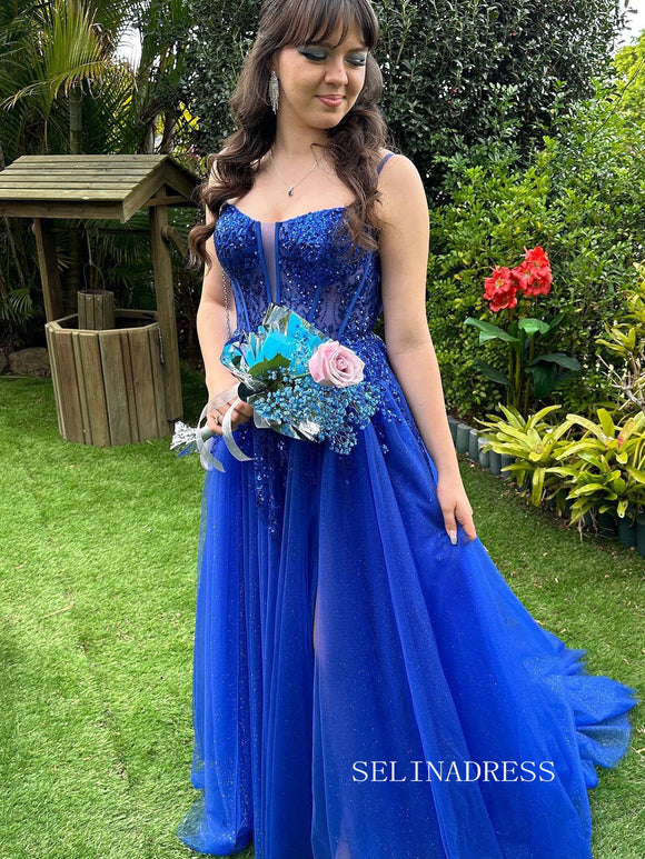 Chic A-line Off-the-shoulder Royal Blue Long Prom Dresses Elegant