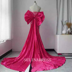 Chic Strapless Beaded Long Prom Dresses With Bow One the Back Elegant Hot Pink Evening Dress TKL3090|Selinadress