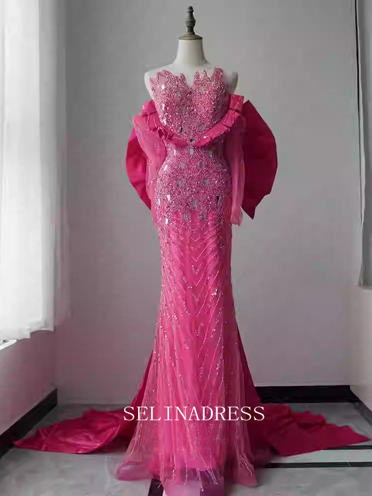 Chic Strapless Beaded Long Prom Dresses With Bow One the Back Elegant Hot Pink Evening Dress TKL3090|Selinadress