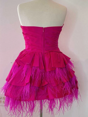 Chic Strapless Hot Pink Short Prom Dress Feather Homecoming Dress #TKL2172|Selinadress