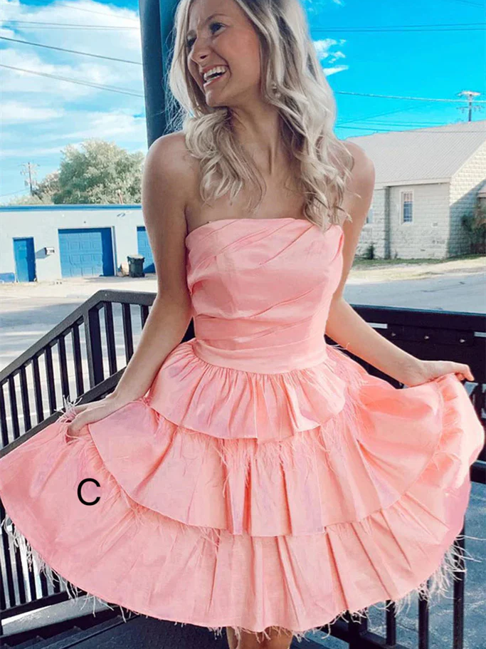 Chic Strapless Hot Pink Short Prom Dress Feather Homecoming Dress #TKL2172|Selinadress