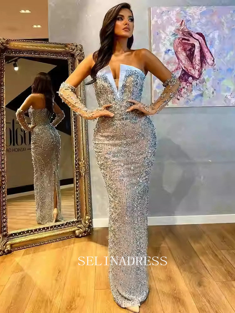 Chic Strapless V Neck Long Sleeve Beaded Prom Dresses Elegant Evening Dress TKL3089|Selinadress