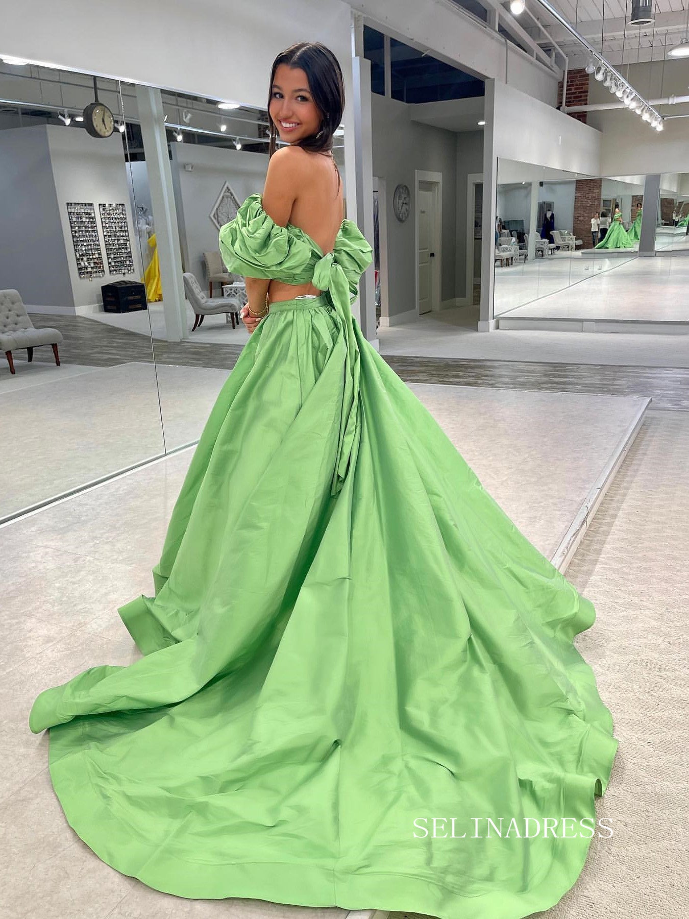 Chic Two Pieces Green Long Prom Dresses Elegant Puff Sleeve Cheap Evening Dress lpk123|Selinadress