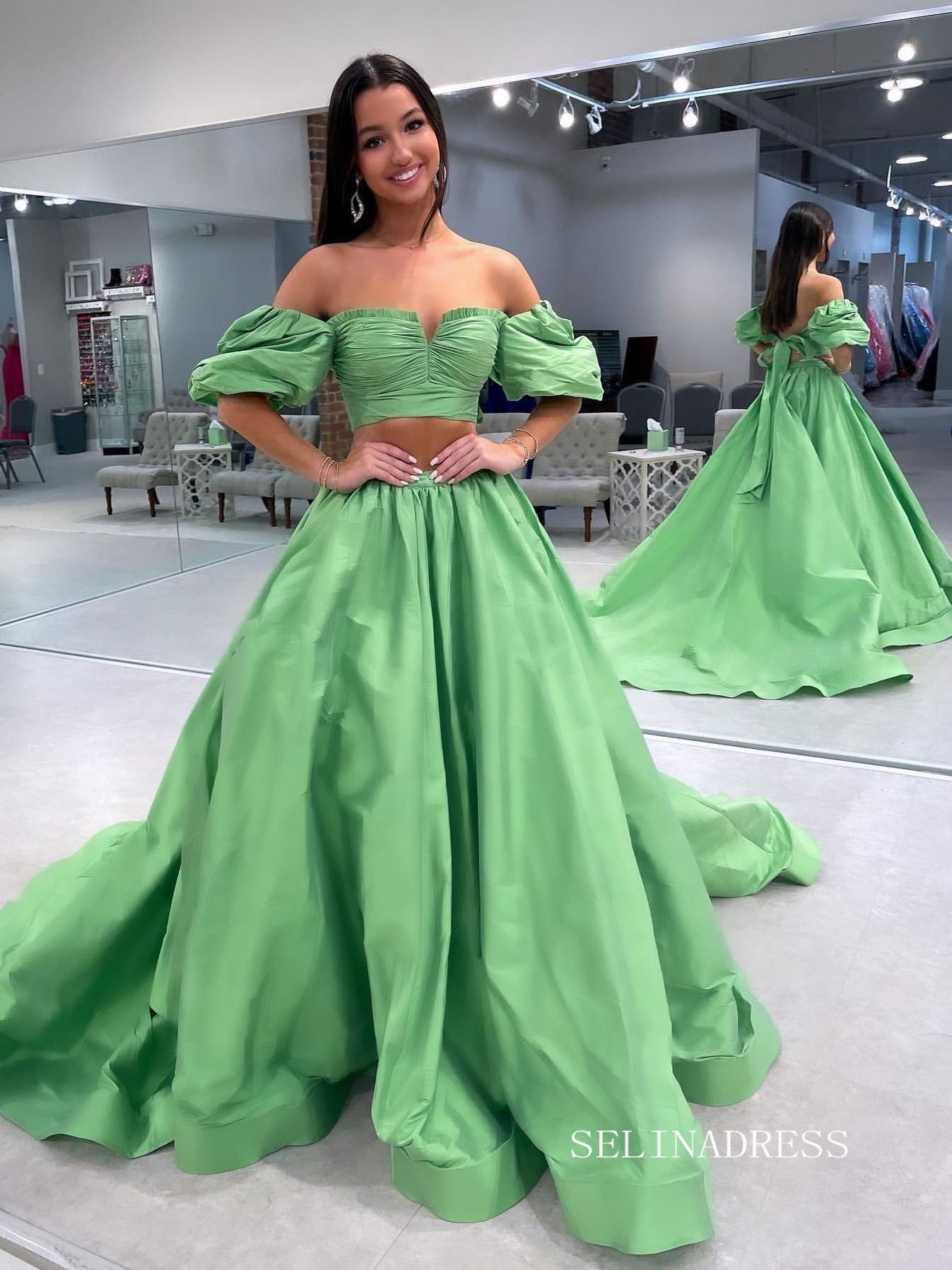 Chic Two Pieces Green Long Prom Dresses Elegant Puff Sleeve Cheap Evening Dress lpk123|Selinadress